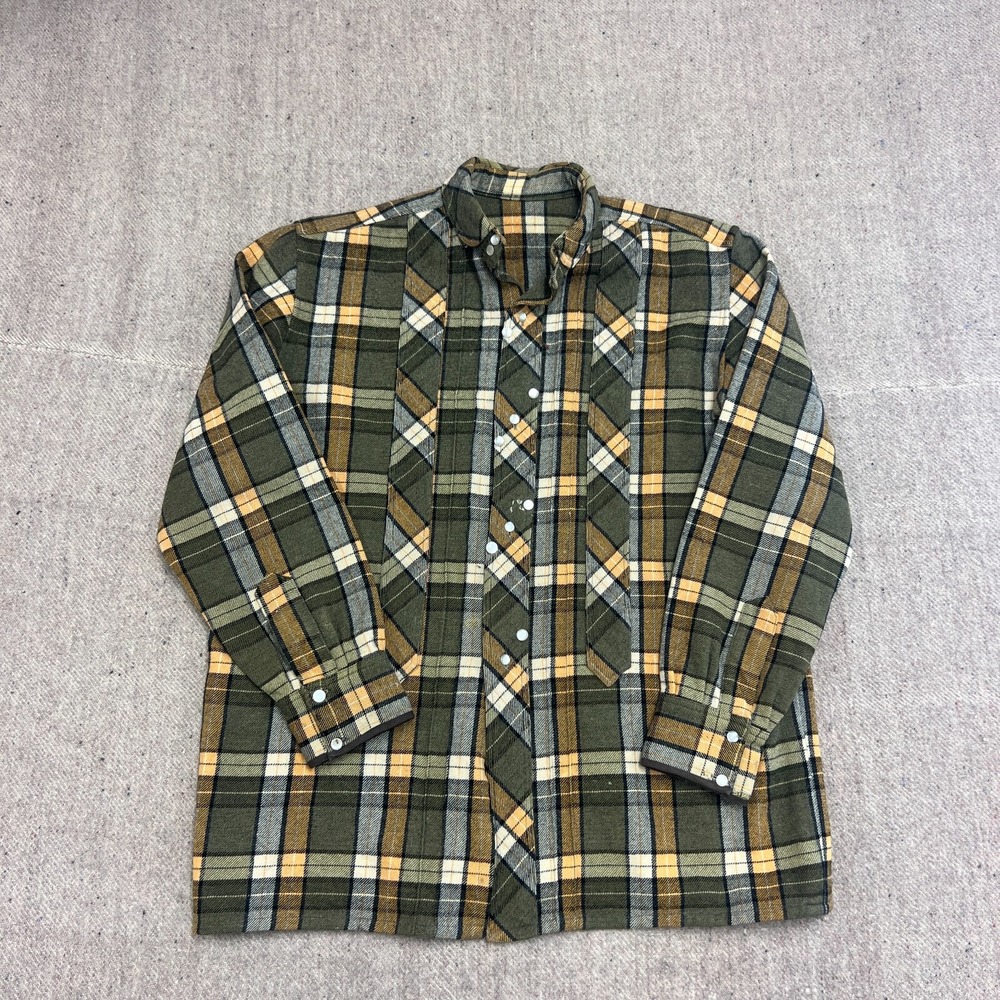 Vintage Flannel Shirt Mens Large Green 1970s Pearl Snap Homemade
